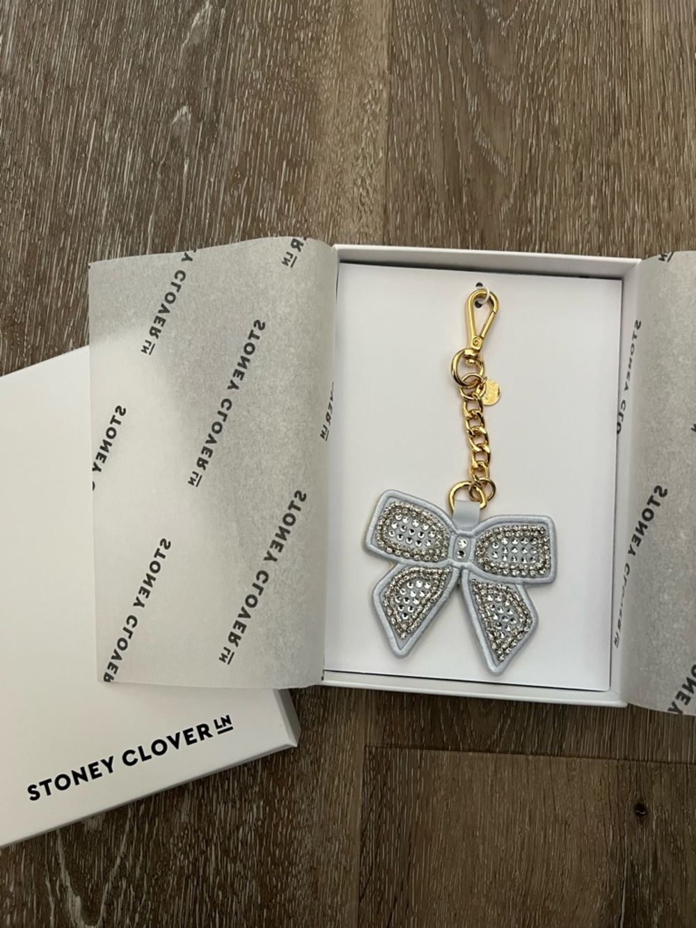 Stoney Clover Lane Silver Crystal Bow Key Charm with Gold Hardware